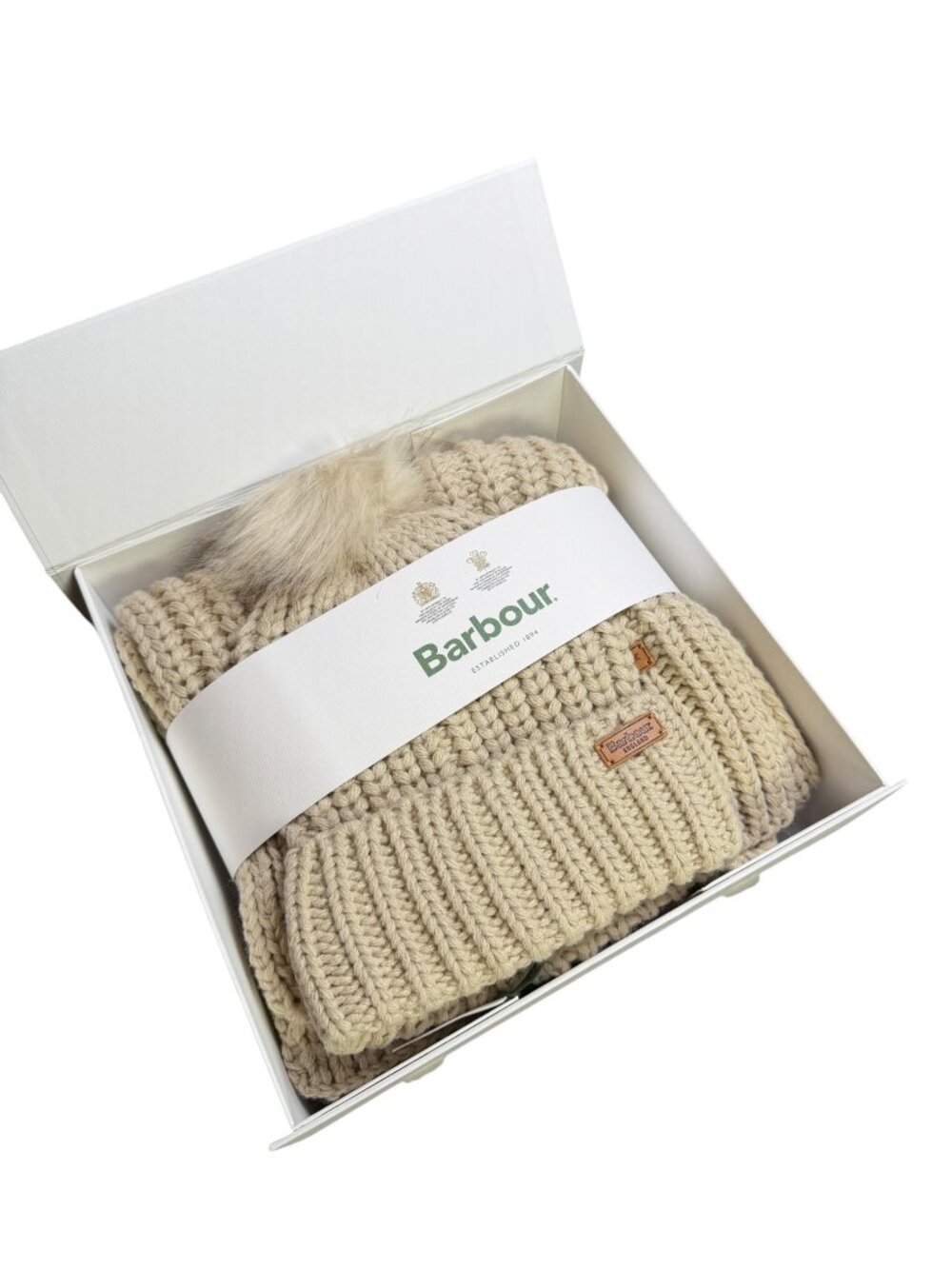 Barbour Saltburn Beanie Scarf Gift Set Pearl Chunky Knit Pom Pom